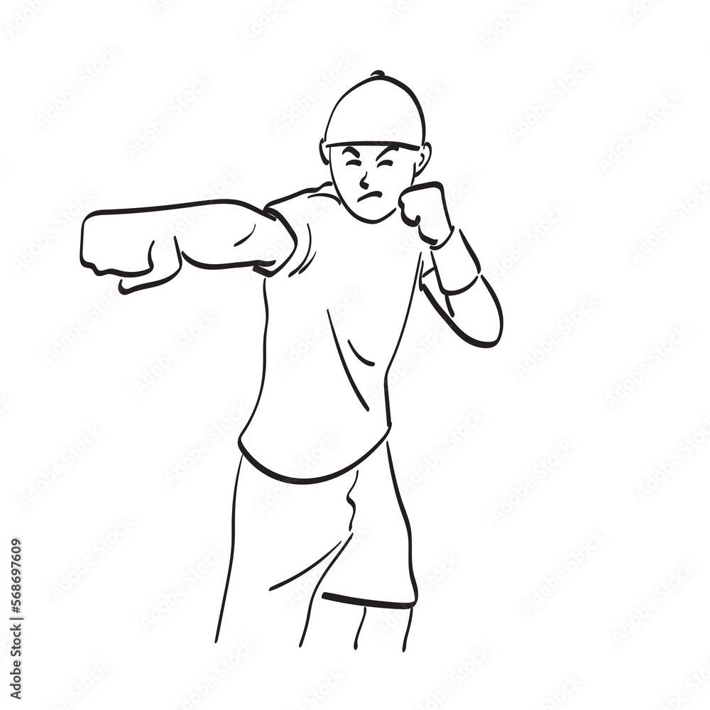 line art man punching fist to fight illustration vector hand drawn isolated on white background