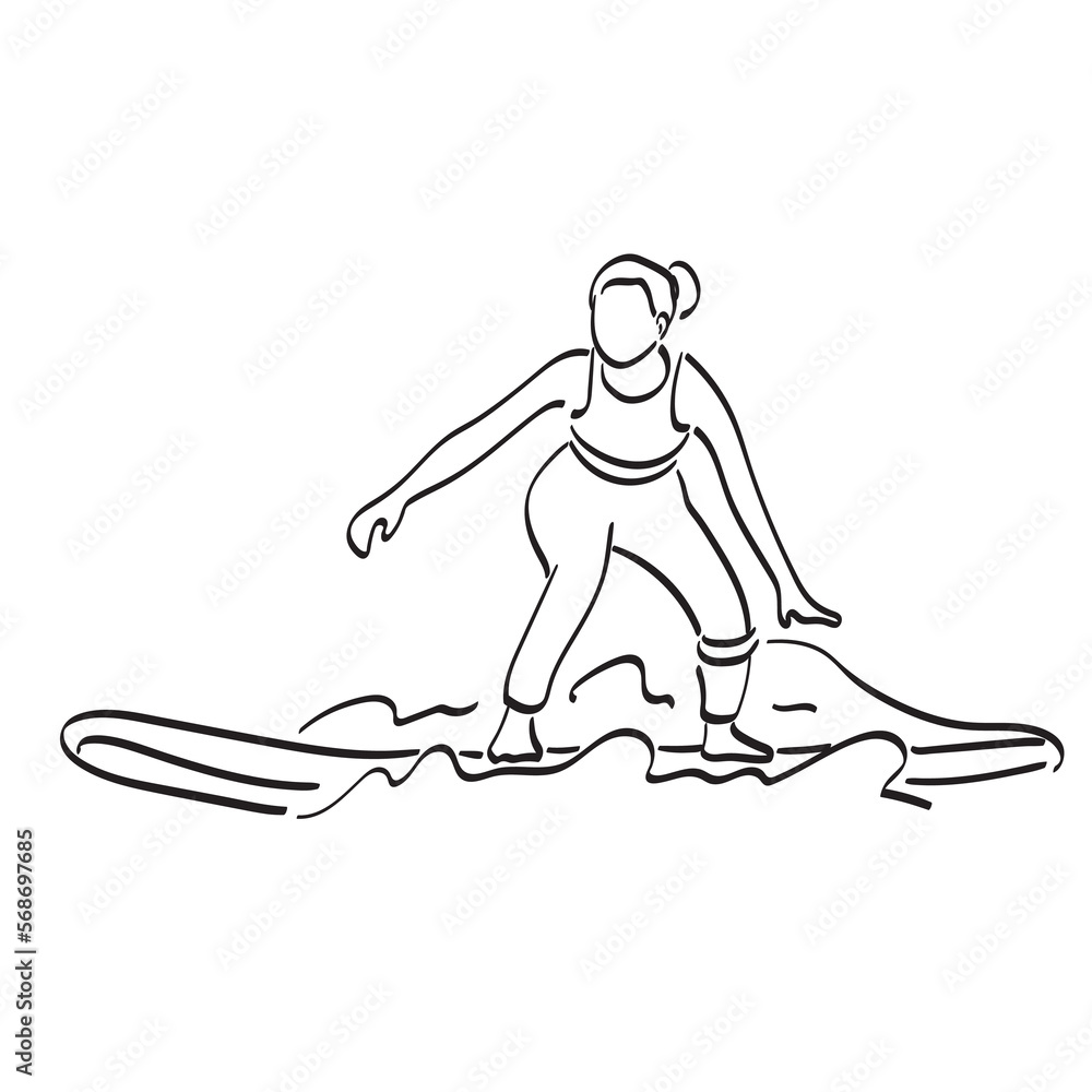 line art woman in sportswear standing on surf board illustration vector hand drawn isolated on white background line art woman in sportswear standing on surf board illustration vector hand drawn isolated on white background