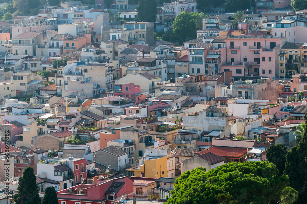 City view of Taormina / Cityscape of the city of Taormina on the island of Sicily, Italy.