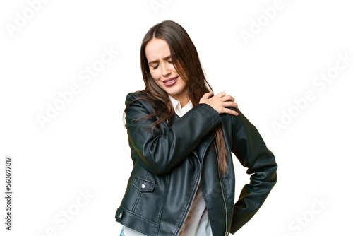 Young beautiful woman over isolated chroma key background suffering from pain in shoulder for having made an effort