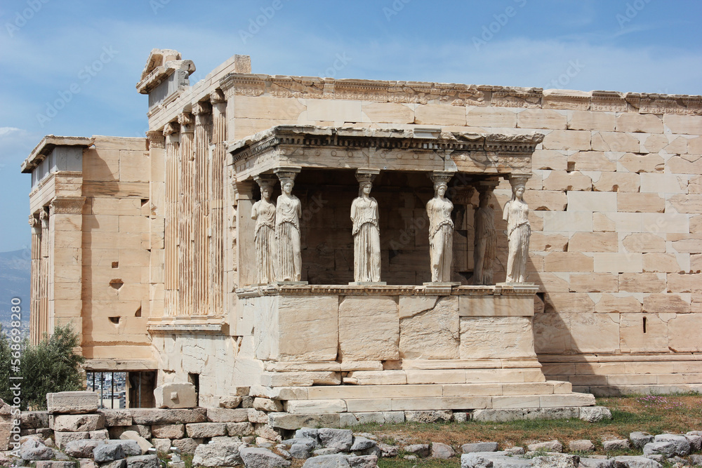 Erechtheion or Erechtheum temple, Caryatid Porch on the Acropolis in Athens, Greece