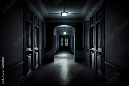 Monochrome Of A Dark Hallway Ancient Architectural Design AI Generated photo