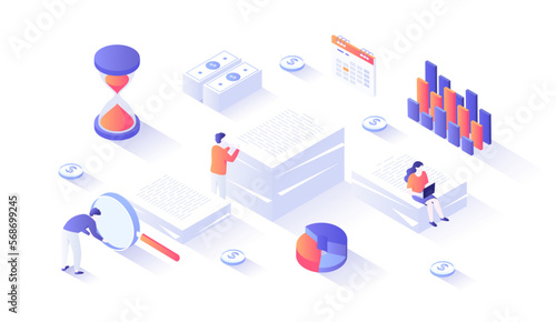 Financial audit and business analysis concept. Documents with charts graphs, magnifying glass, calendar, money, coins, hourglass. Isometry illustration with people scene for web graphic.