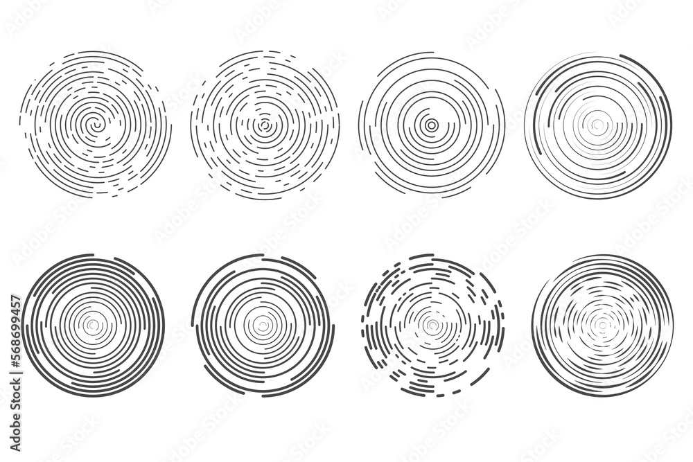 Circle concentric lines. Rippled rings and round sound waves pattern. Radial signal radar signs. Vector abstract sonar isolated on white background Circle concentric lines. Rippled rings and round sound waves pattern. Radial signal radar signs. Vector abstract sonar isolated on white background