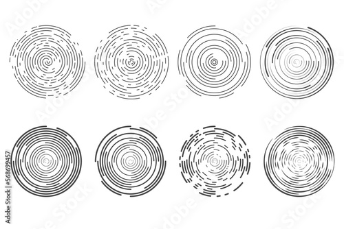 Circle concentric lines. Rippled rings and round sound waves pattern. Radial signal radar signs. Vector abstract sonar isolated on white background