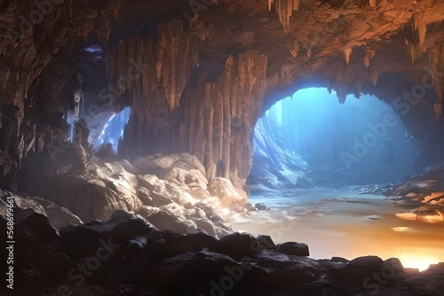 Cave interior with stalactites, stalagmites and sunlight