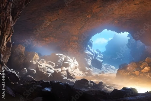 Cave interior with stalactites, stalagmites and sunlight