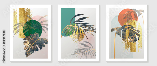 Luxury gold tropical leaves wall art vector set. Botanical exotic jungle palm foliage watercolor and gold line art, foil texture, geometric shape background. Design for home decoration, spa, cover.