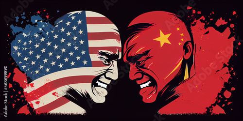 American and Chinese flags on black background. Concept of conflict war cause Taiwan. America USA VS China metaphor. Generative Ai.