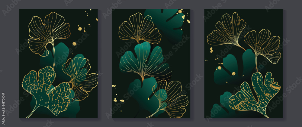 Luxury gold tropical leaves wall art vector set. Botanical ginkgo ...