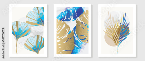 Luxury gold tropical leaves wall art vector set. Botanical exotic ginkgo and palm leaf branch gold line art with golden and watercolor foil texture. Design for home decoration, spa, cover, print.