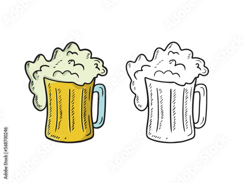 Glass mug with light beer and big foam in black isolated on white background. Hand drawn vector sketch illustration in doodle engraved vintage outline style. Alcohol, beverage, cider, celebration, bar