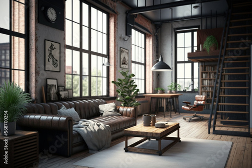 Living room loft in industrial style  3d render generative AI