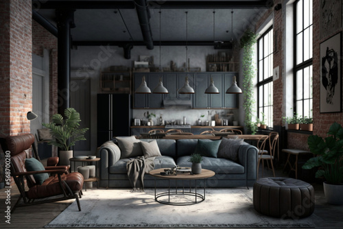 Living room loft in industrial style, 3d render generative AI