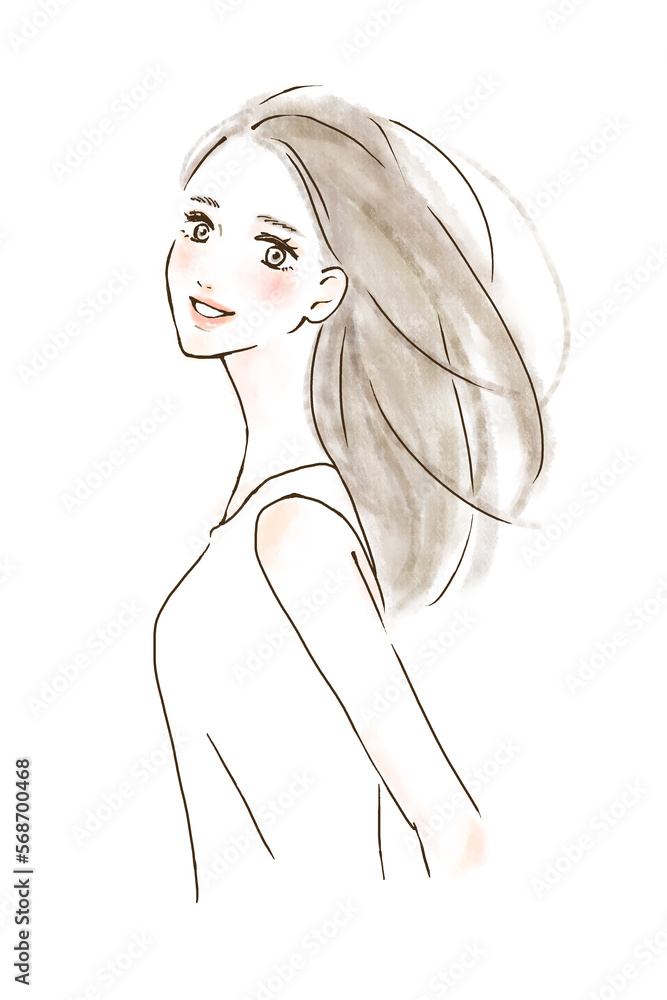 髪がなびく女性のイラスト 風で髪を乾かす