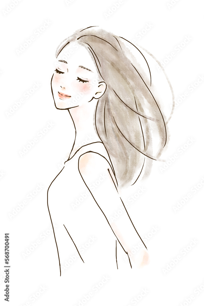ドライヤーの風にあたる女性のイラスト シンプル