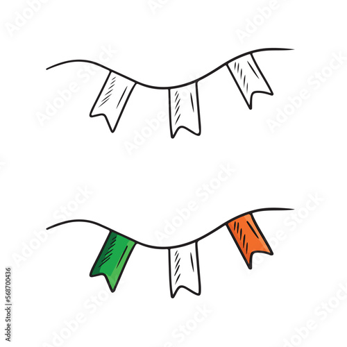 String with three flags green, white, orange isolated on white background. Hand drawn vector sketch illustration in doodle engraved vintage outline style. Holiday, decoration, celebration, ireland.