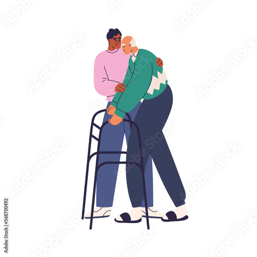 Person helping old aged man go with walking frame, aids. Caring, assisting senior elderly character with disability, move with walker equipment. Flat vector illustration isolated on white background