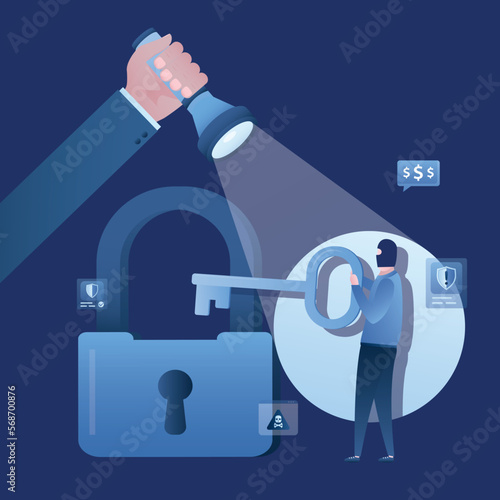 Data protection, effective antivirus. Big hand use flashlight and illuminates hacker, virus detection. Hacker holds key and want unlock security. Scam alert, network piracy danger