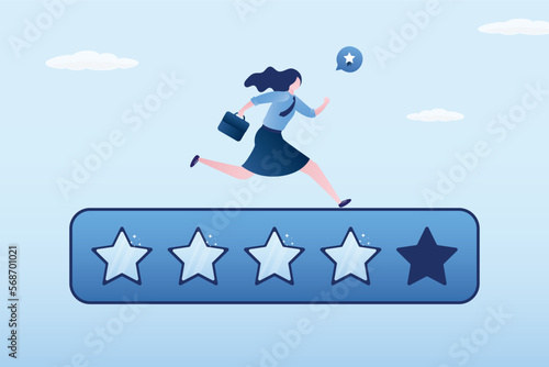 High ranking or level. Skills improvement to boost productivity, expectation to be qualified employee. Businesswoman running on 5 star rating panel.