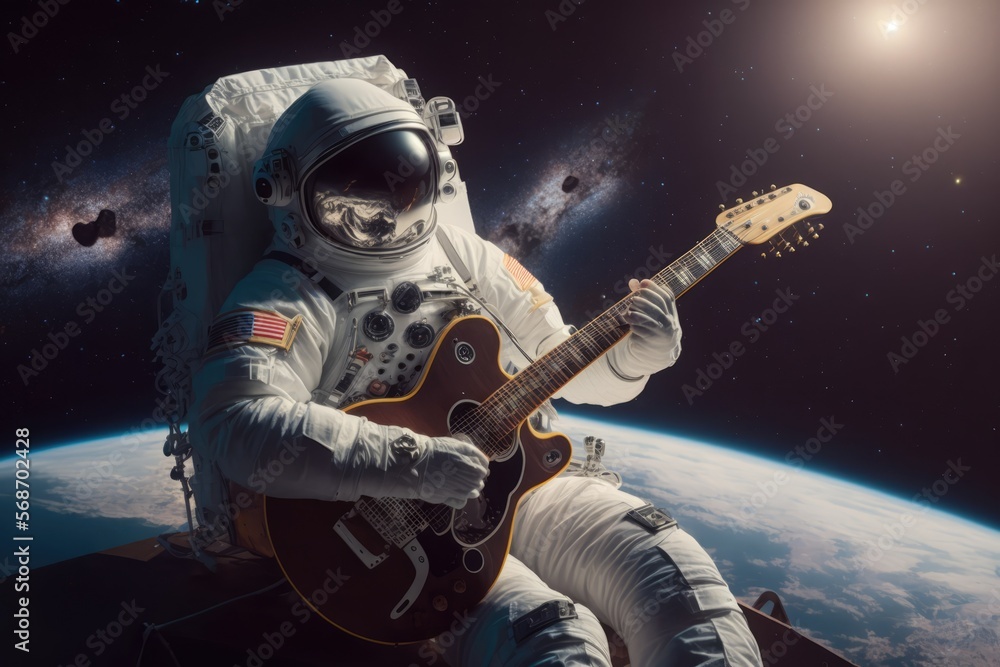 Fototapeta premium Astronaut in space playing guitar made with generative ai
