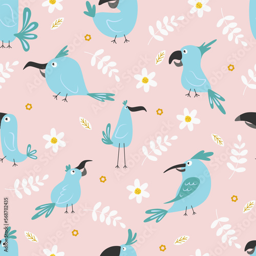 Seamless pattern with tropical birds and tropical plants, cartoon flat style © barberry