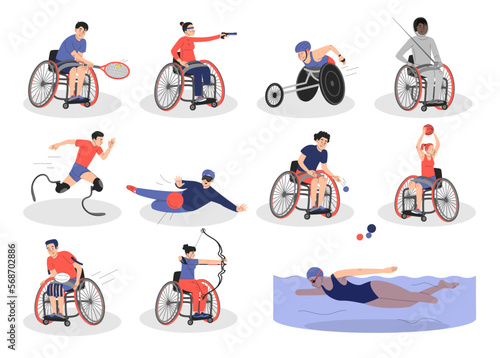 Paralympic sport games set vector isolated. Collection of disabled characters participating in different activities. Man in wheelchair plays tennis, runner with prosthesis, swimming woman. photo