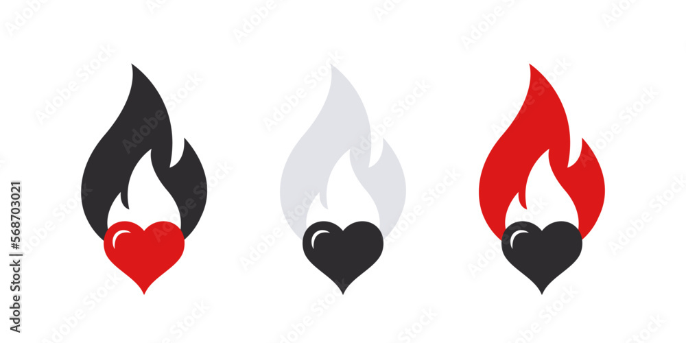 Obraz premium Icons of hearts with fire. Symbols of love. Emoticons hearts. Vector images
