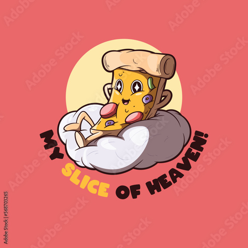 Pizza Slice character sitting on a cloud vector illustration. Food, funny, brand design concept.