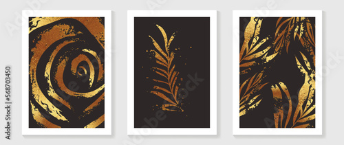 Luxury gold tropical leaves wall art vector set. Botanical exotic leaf branch and abstract swirl organic shape with gradient gold shimmer foil texture. Design for home decoration, spa, cover, print.