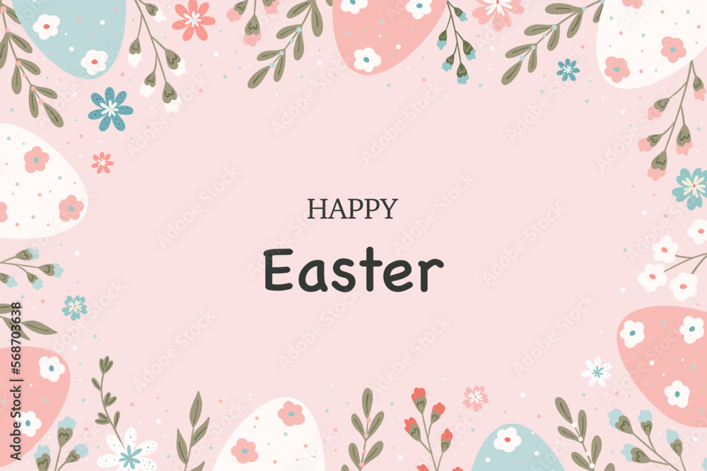 easter card on pink background flowers and eggs