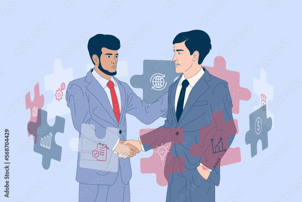 Fototapeta premium Business collaboration concept art. Two men in business suits shaking hands. Business collaboration