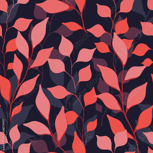 Seamless floral pattern with decorative foliage in vintage style. Elegant botanical print with hand drawn red leaves branches on a dark purple background. Vector illustration.