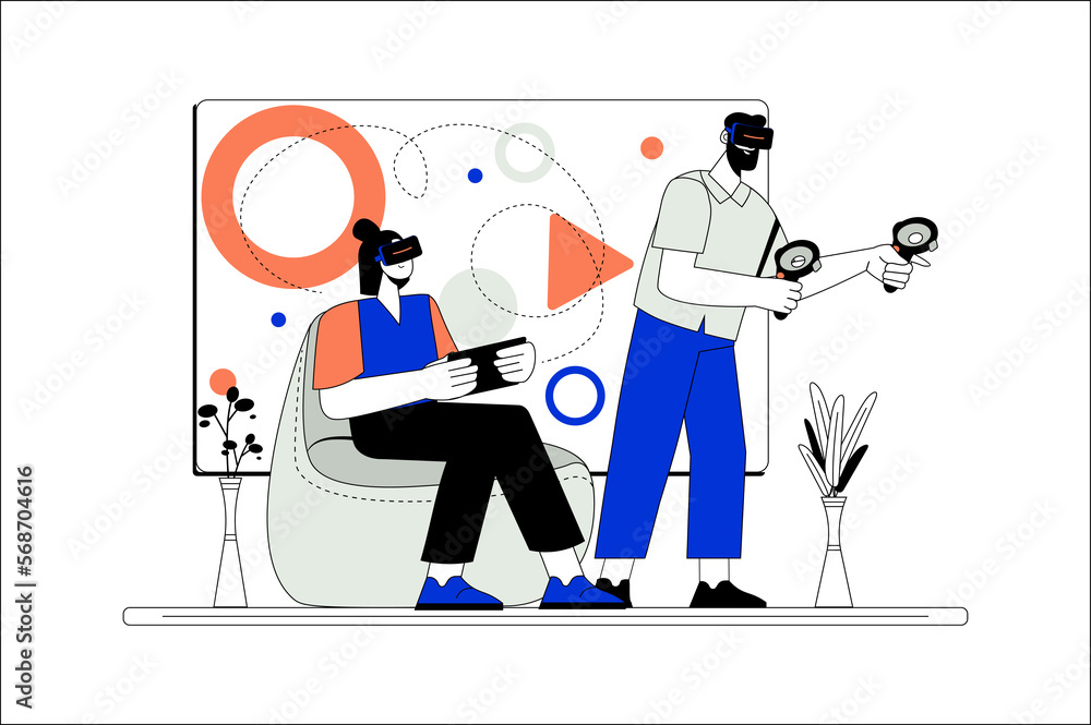 Metaverse line concept with people scene in the flat cartoon style. Boy and girl play games together while in virtual space. Metaverse line concept with people scene in the flat cartoon style. Boy and girl play games together while in virtual space.