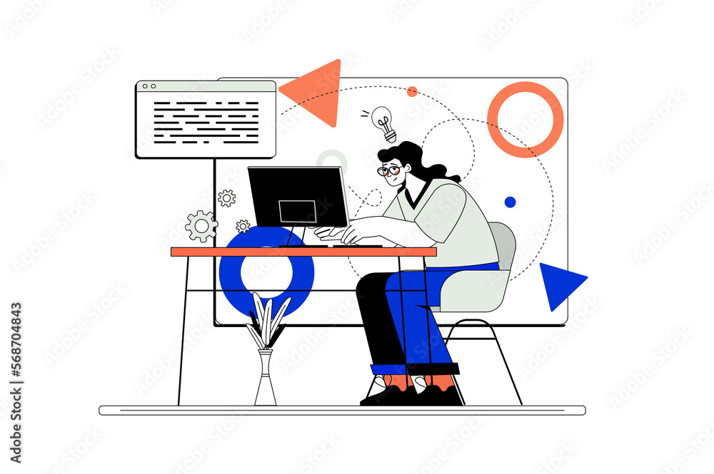 Line concept Coding with people scene in the flat cartoon style. Programmer writes code for an Internet site using a programming language. Line concept Coding with people scene in the flat cartoon style. Programmer writes code for an Internet site using a programming language.