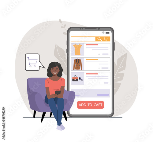 A Black woman ordering clothes in online store via smartphone. Vector illustration.
