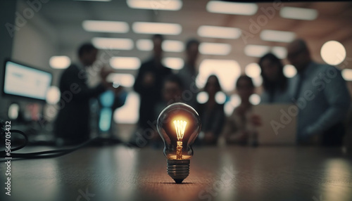 Concept de l'idée représenté par une ampoule allumée, innovation, créativité, solution business (AI) photo