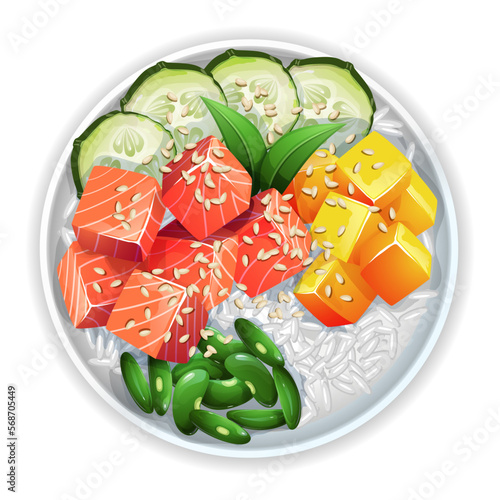 Realistic illustrations with Poke bowl with salmon, mango, cucumber, and beans. Hawaiian restaurant menu design. Top view