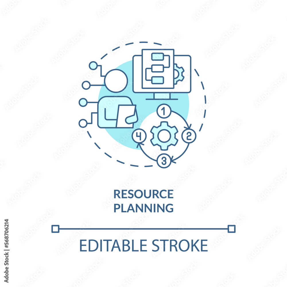 Resource planning turquoise concept icon. Workforce requirements. IT staffing process abstract idea thin line illustration. Isolated outline drawing. Editable stroke. Arial, Myriad Pro-Bold fonts used