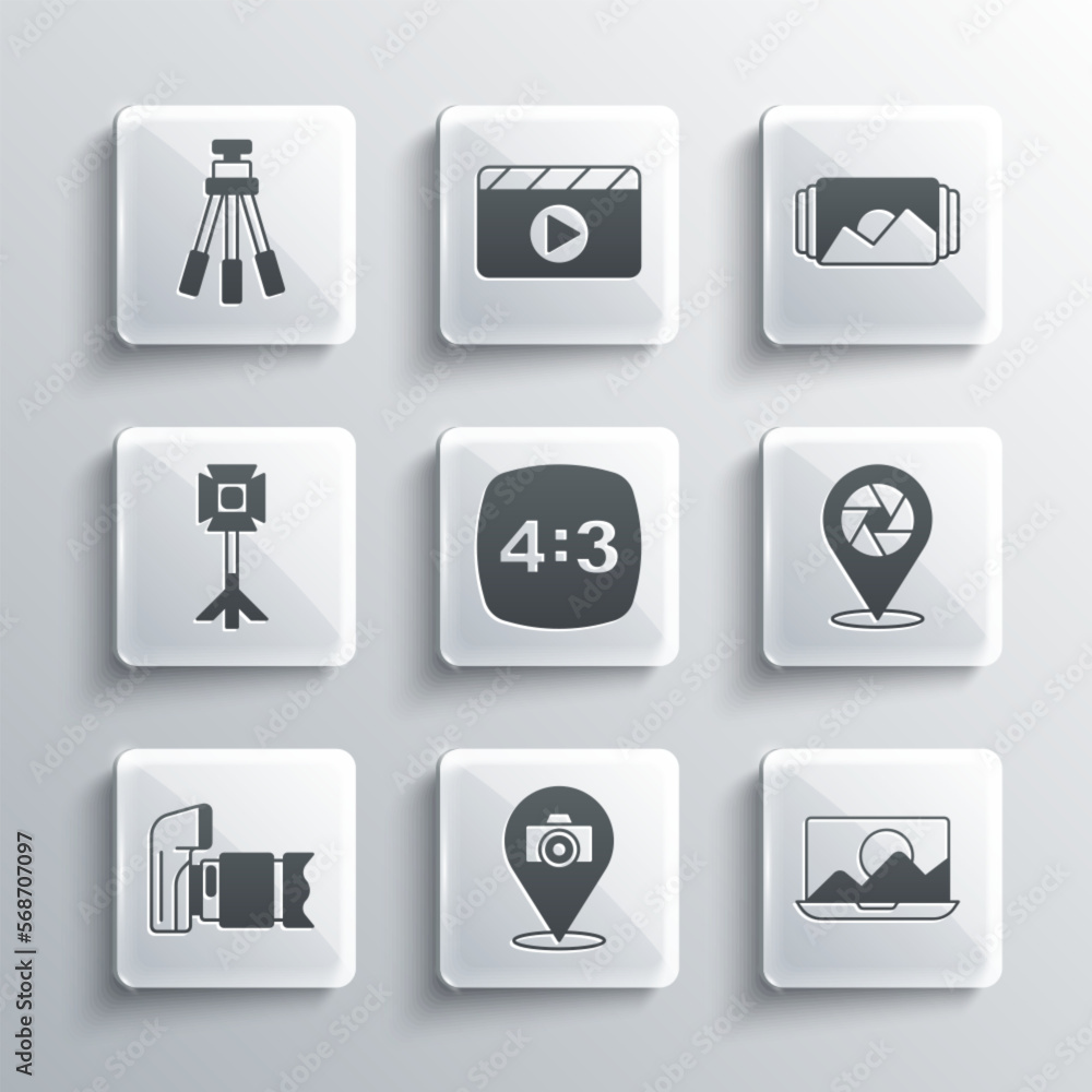 Set Photo camera, retouching, Camera shutter, frame 4, Studio light bulb softbox, Tripod and icon. Vector Set Photo camera, retouching, Camera shutter, frame 4, Studio light bulb softbox, Tripod and icon. Vector