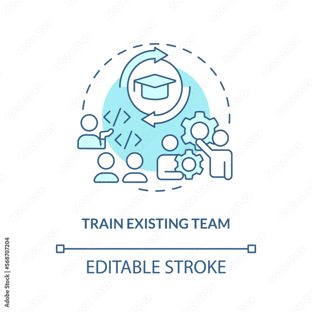 Train existing team turquoise concept icon. Employees education. IT staffing tip abstract idea thin line illustration. Isolated outline drawing. Editable stroke. Arial, Myriad Pro-Bold fonts used Train existing team turquoise concept icon. Employees education. IT staffing tip abstract idea thin line illustration. Isolated outline drawing. Editable stroke. Arial, Myriad Pro-Bold fonts used
