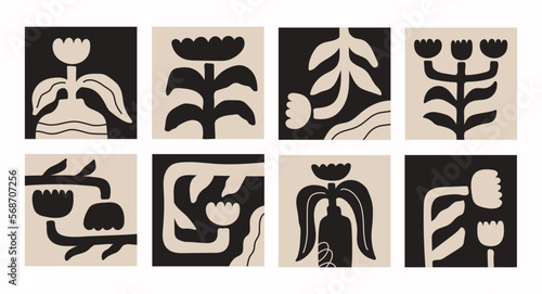 Floral set of abstract square backgrounds with different various plants. Naive art decor. Trendy hand drawn vector illustration.