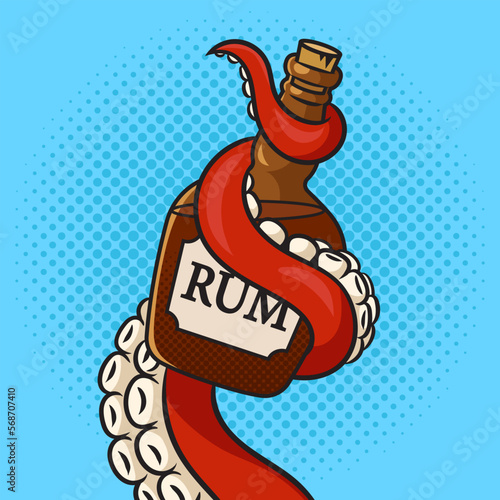 octopus tentacle with a bottle of rum pinup pop art retro vector illustration. Comic book style imitation.