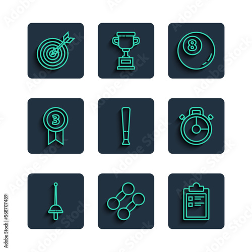 Set line Fencing, Dumbbell, Sport training program, Billiard pool snooker ball, Baseball bat, Medal, Target with arrow and Stopwatch icon. Vector