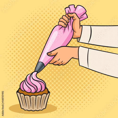 Pastry bag in hands of confectioner making decorates cake with cream pinup pop art retro vector illustration. Comic book style imitation.