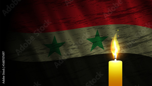 Vector mournful banner. A bright burning candle on the background of the Syrian flag. A symbol of sorrow in connection with a terrible earthquake.