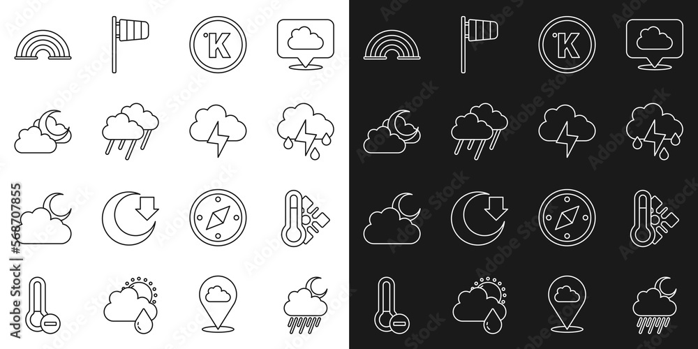 Set line Cloud with rain and moon, Meteorology thermometer, lightning, Kelvin, Rainbow and Storm icon. Vector