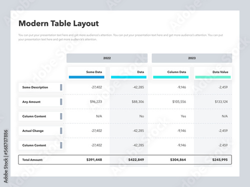 Modern table layout template with years columns and a total sum row. Simple flat template for data visualization.