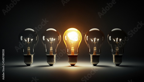 Concept de l'idée disruptive représenté par une ampoule allumée, innovation, créativité, solution business, fond studio (AI)
