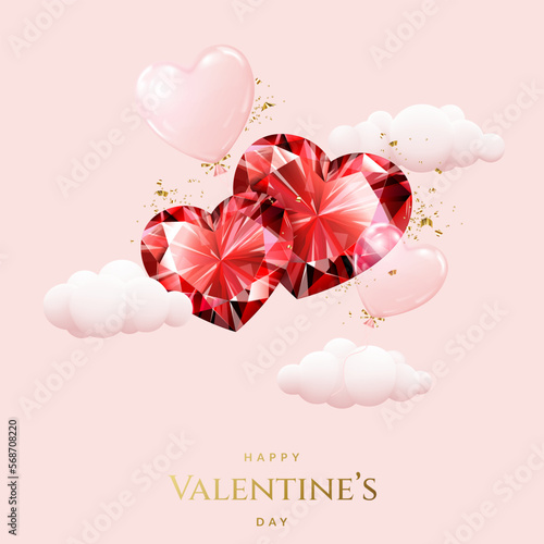Romantic Valentine's Day background with red diamond pair of hearts, balloons, clouds and golden confetti.